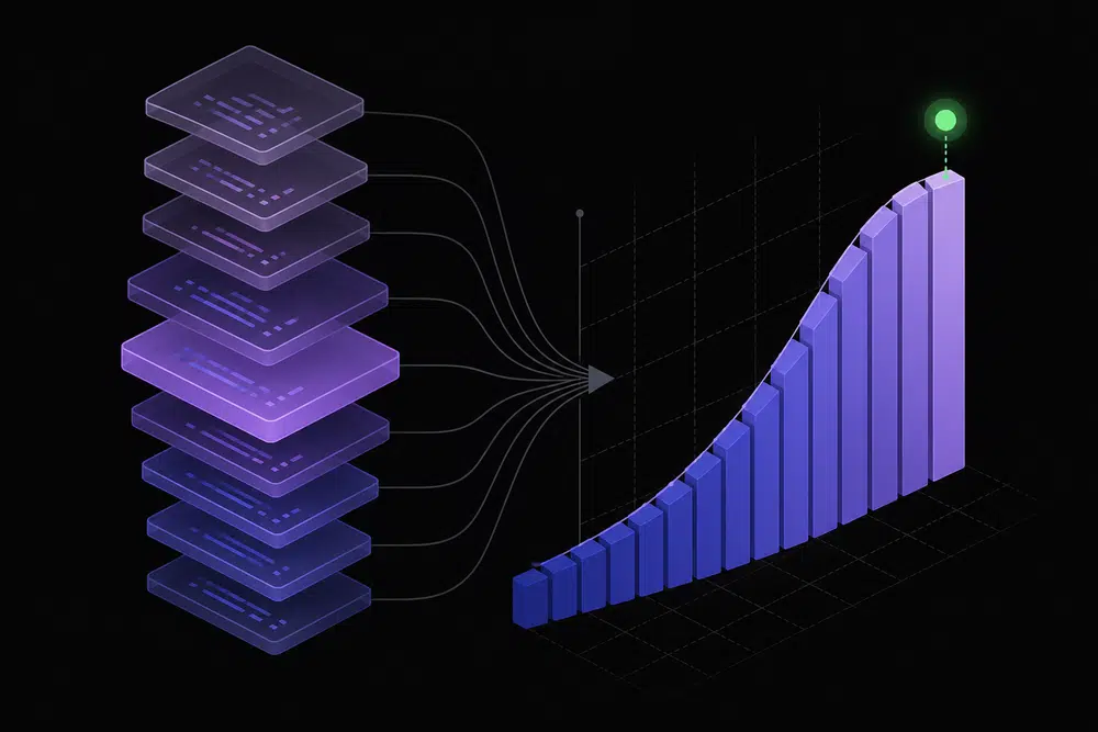 Flat isometric dark illustration of stacked translucent code-change slabs flowing into a curved percentile chart with indigo and violet bars and one green node glowing above the top percentile.