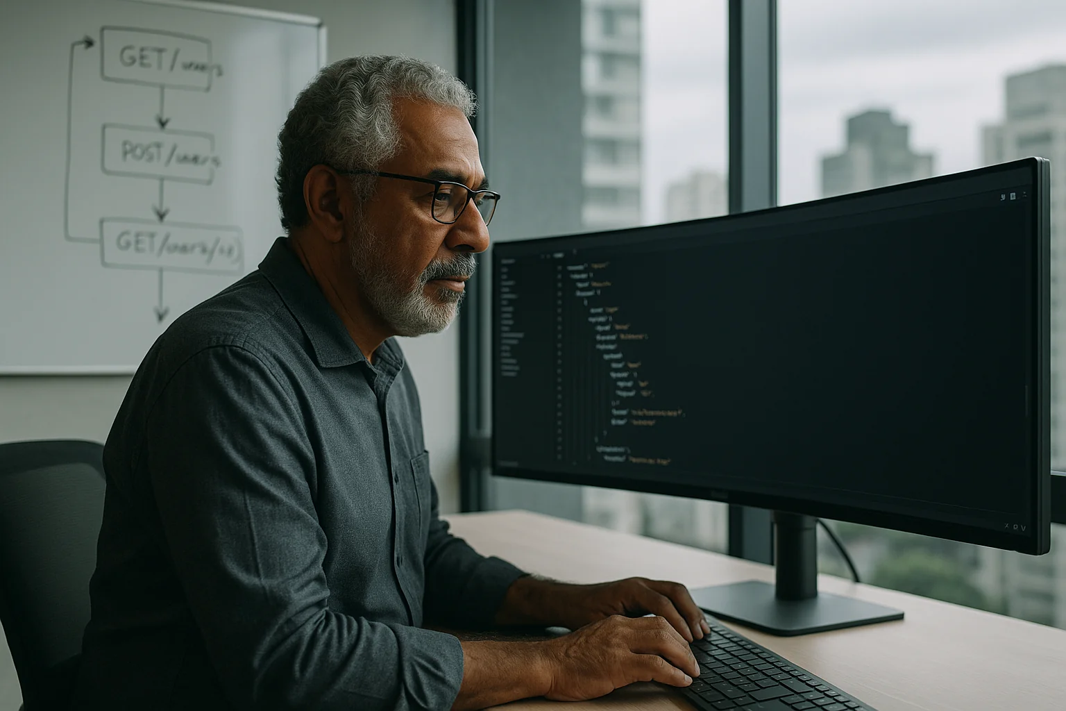 Brazilian software architect examining an OpenAPI schema on a large monitor in a modern office with a whiteboard of HTTP flow diagrams.