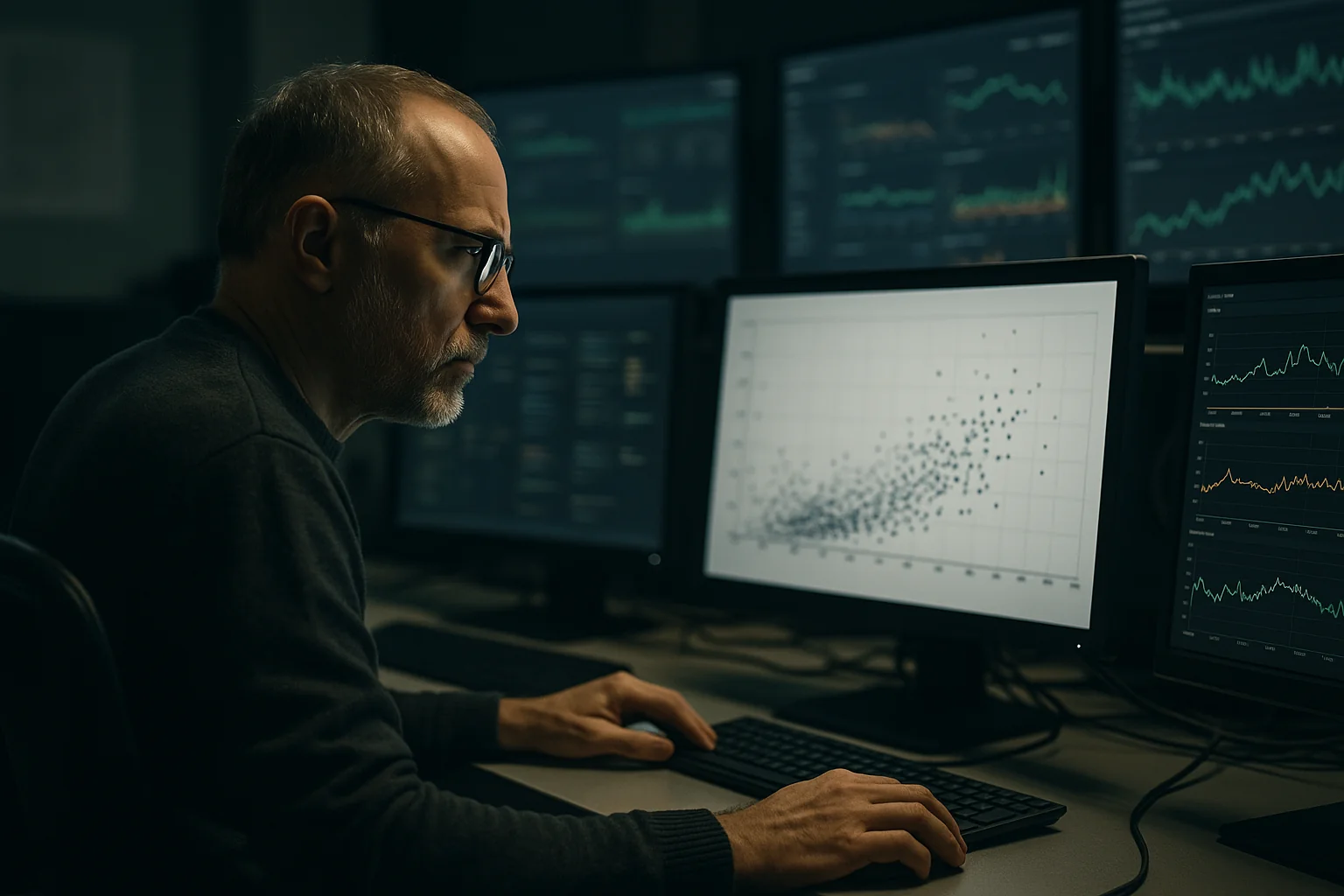 Senior backend engineer reviewing live system metrics on multiple monitors in a dimly lit operations room.