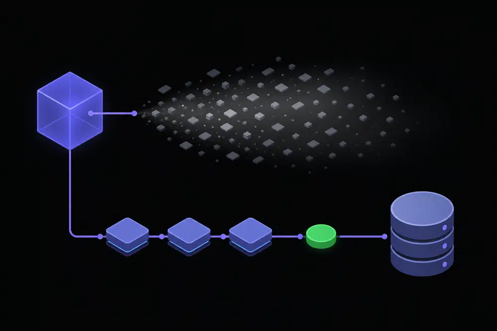 Flat isometric diagram: an indigo model cube emitting a hazy cloud of grey fragments beside a clean light-indigo pipeline that carries a single green success node into a database cylinder.