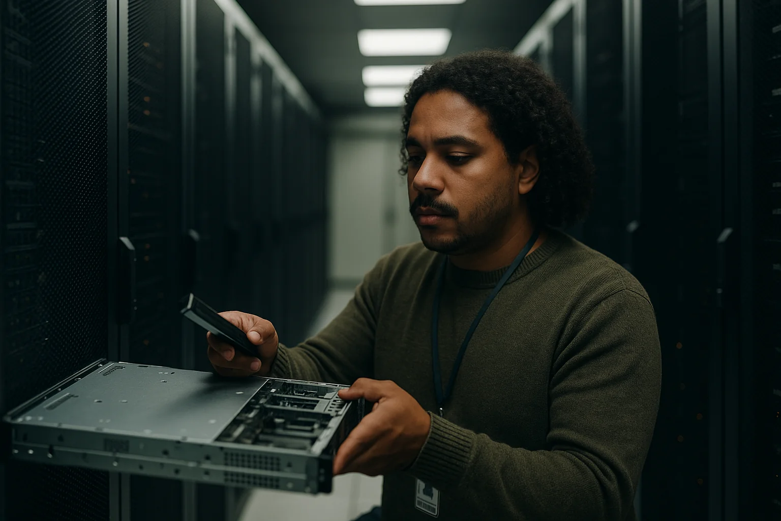An SRE in a data center aisle installing an NVMe drive into a rack-mounted server, with rows of servers softly out of focus behind.
