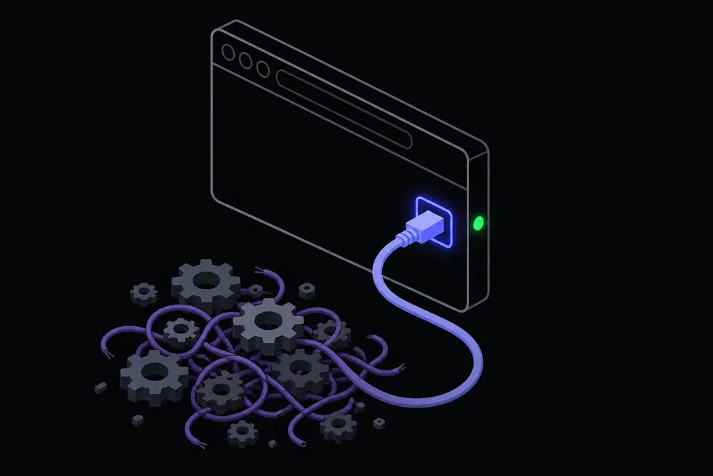 Flat isometric illustration of a browser window outline with an indigo cable plugged into a glowing socket and a green success node, while discarded grey gears and violet wiring fade away below.