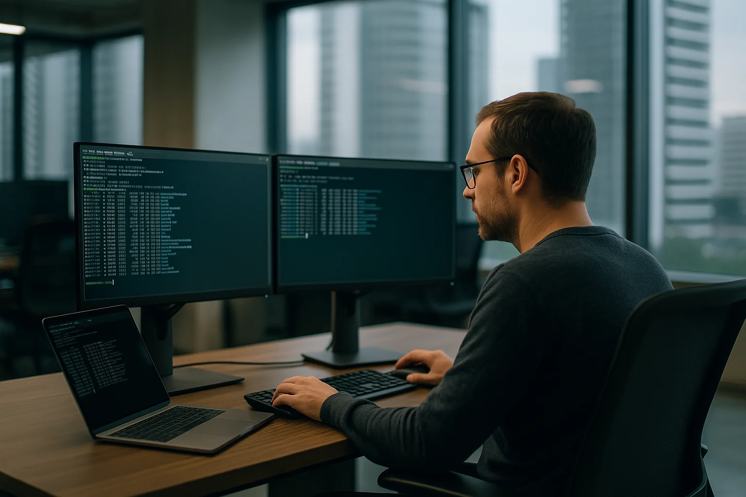 Release engineer verifying tarball extraction on Linux while a MacBook sits nearby, both displaying terminal outputs in a modern office.