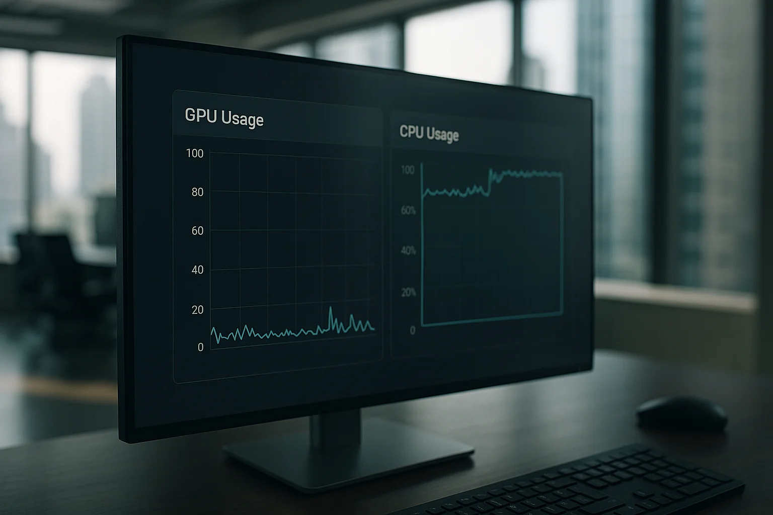 Server monitor showing low GPU utilization and a CPU graph at 100% in a modern office.