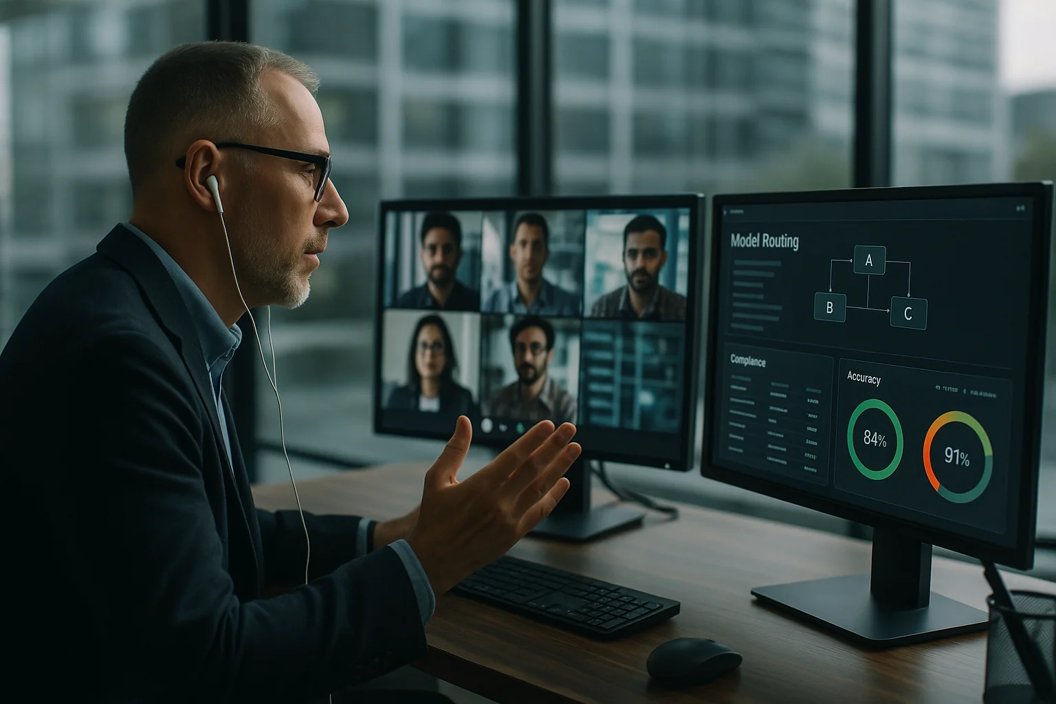 CTO in a glass-walled office on a video call with a Brazilian engineering team, reviewing an AI model routing dashboard on dual monitors.