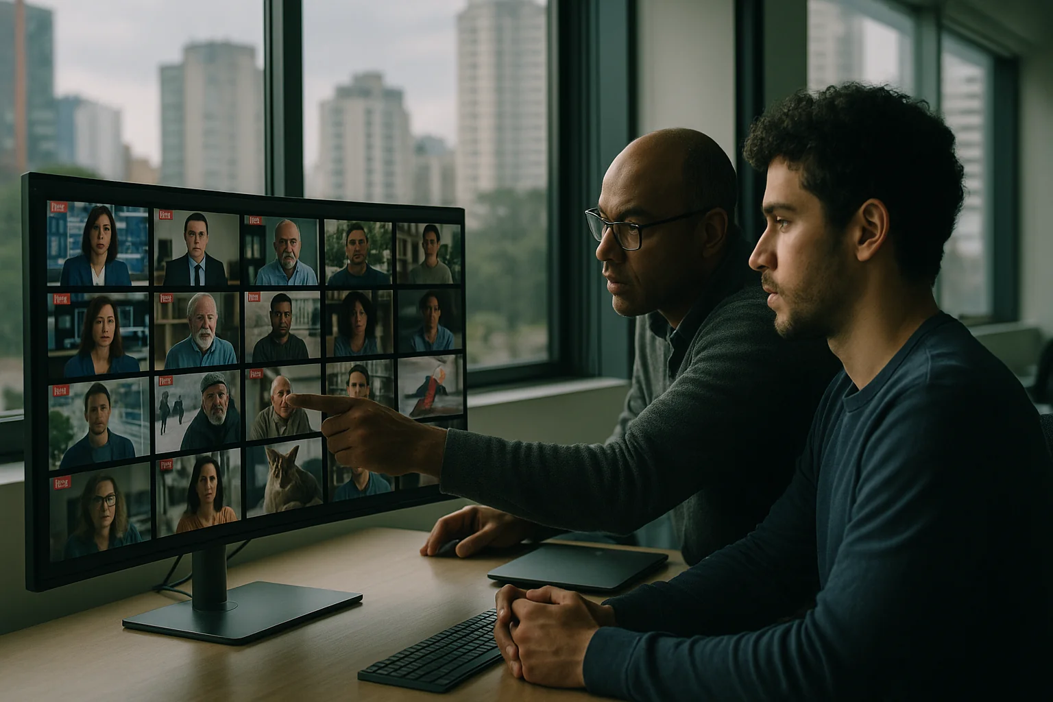 Two engineers in a São Paulo office analyzing a media review dashboard with video thumbnails on a large monitor.