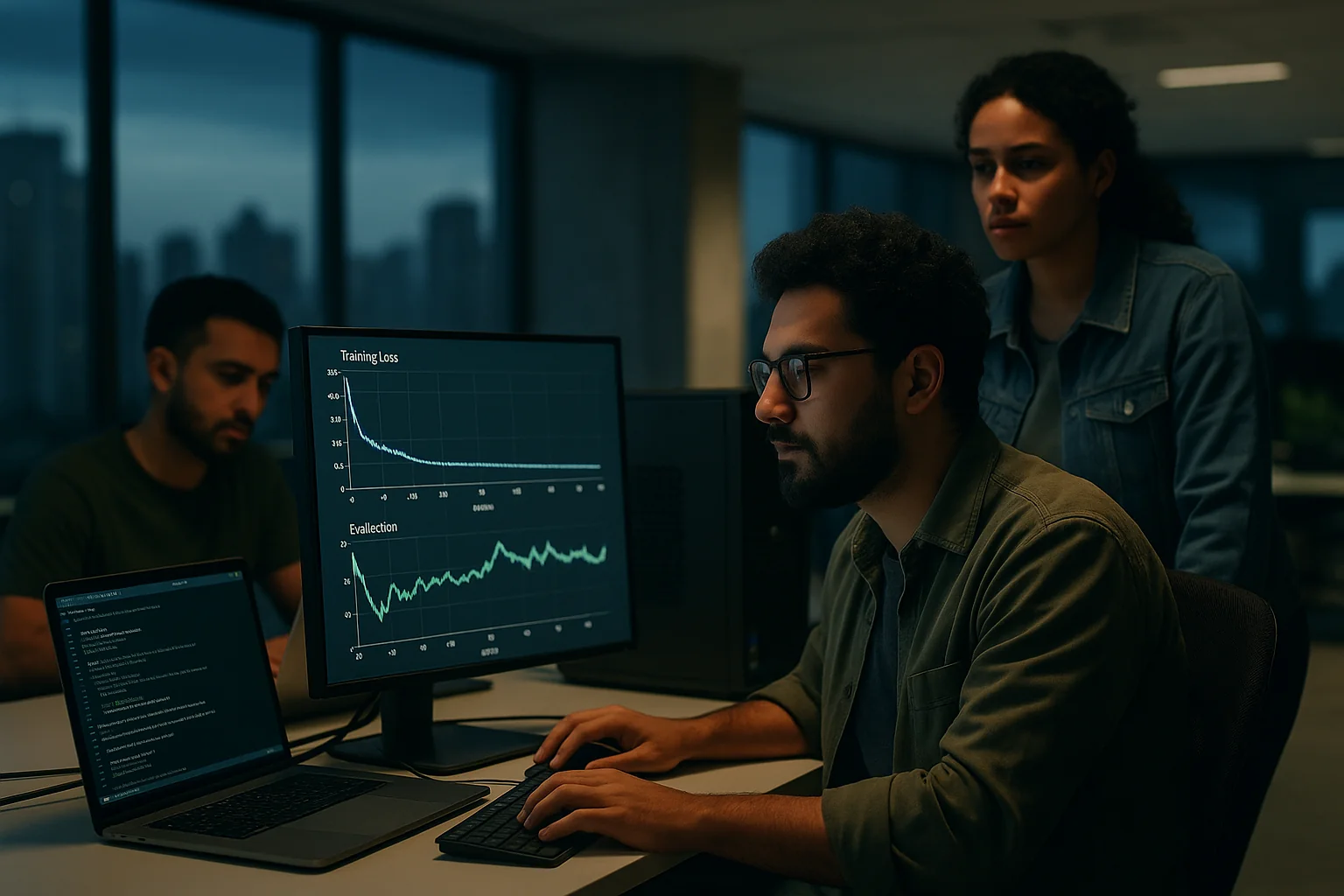 Two engineers in a São Paulo office reviewing model training graphs on monitors next to a GPU server