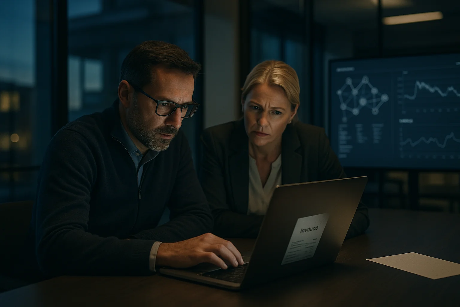 CTO and CFO in a conference room scrutinizing an AI vendor invoice with ambiguous supplier details while network charts show latency spikes on a monitor.