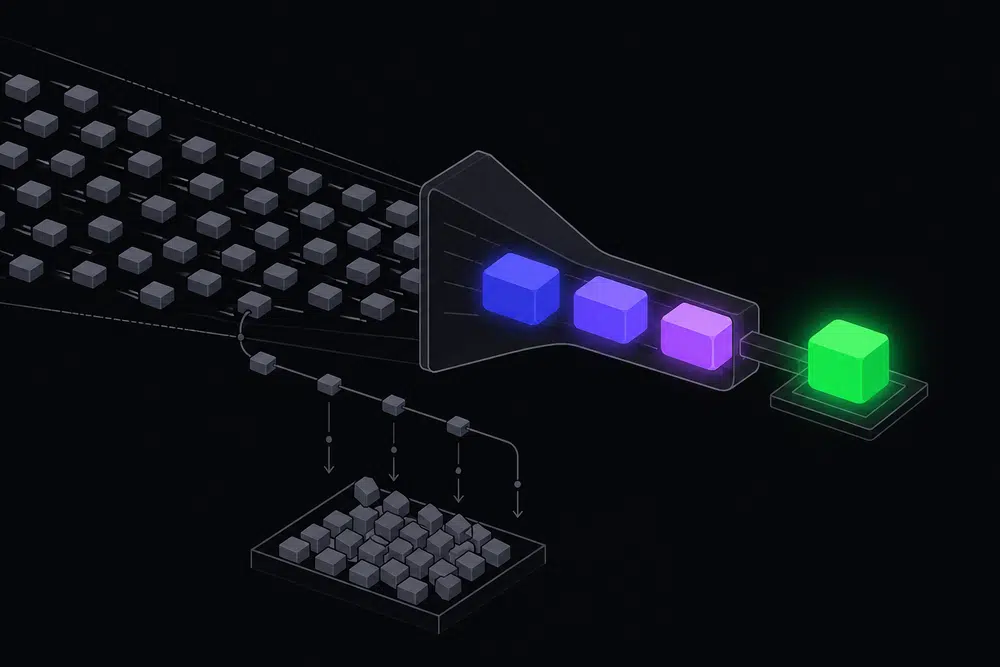 Flat isometric illustration of a priority gate funneling large indigo and violet task blocks through to a single green success node while smaller grey blocks are diverted down a discard rail on a near-black background.