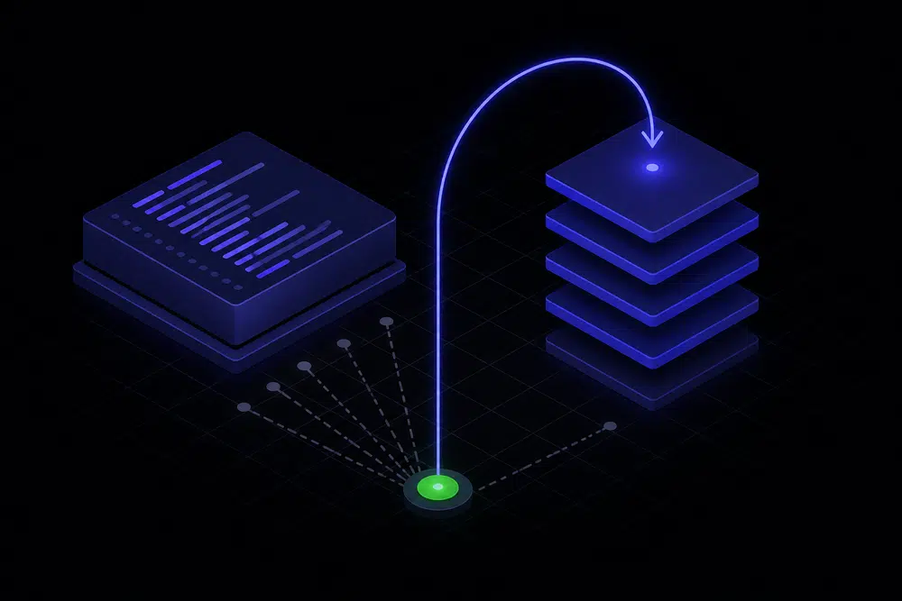 Flat isometric dark illustration of a violet code block beside a floating stack of indigo test layers, with a single green node and a looping indigo arrow pointing back at the test layers rather than the code.