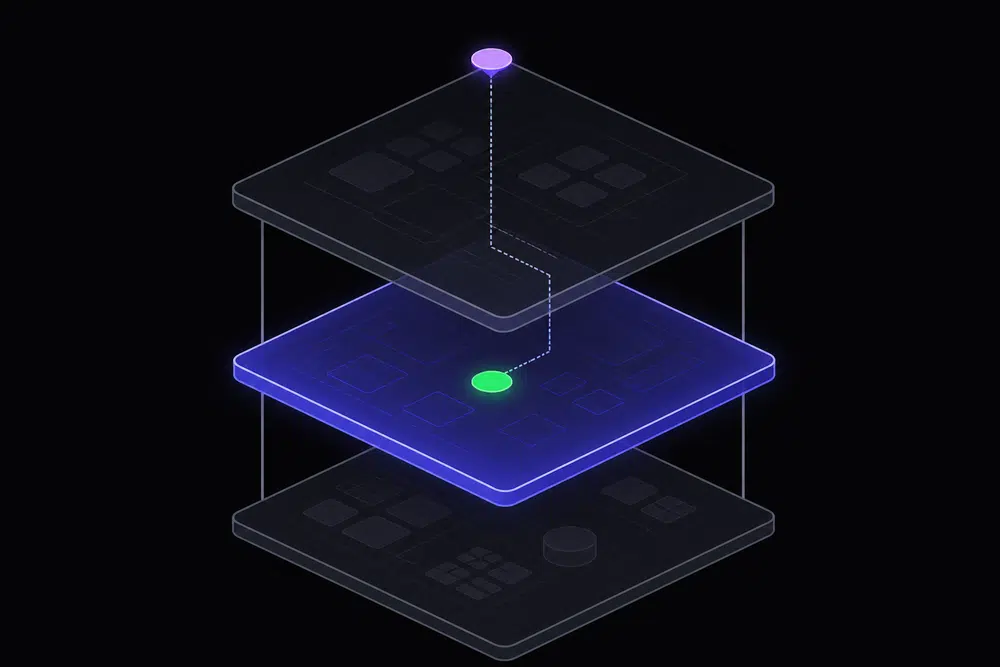 Isometric diagram of three stacked layers connected by thin grey lines, with the middle runtime layer glowing indigo and holding a single green patch node while the top layer is marked in violet.