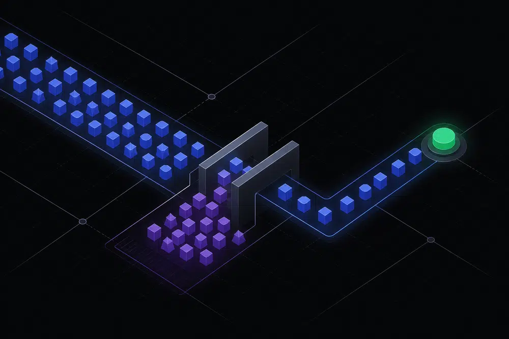 Flat isometric illustration of geometric tokens funneling through a narrow two-bar threshold gate, most passing into an indigo channel while a violet cluster blocks behind it and one green node glows beyond.