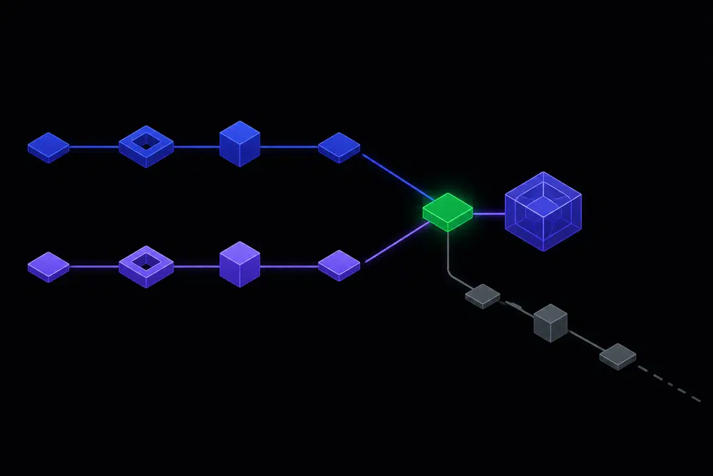 Flat isometric illustration of two indigo and violet data pipelines converging into a single model node on a dark background, with one green node marking the shared path and a grey line drifting away.