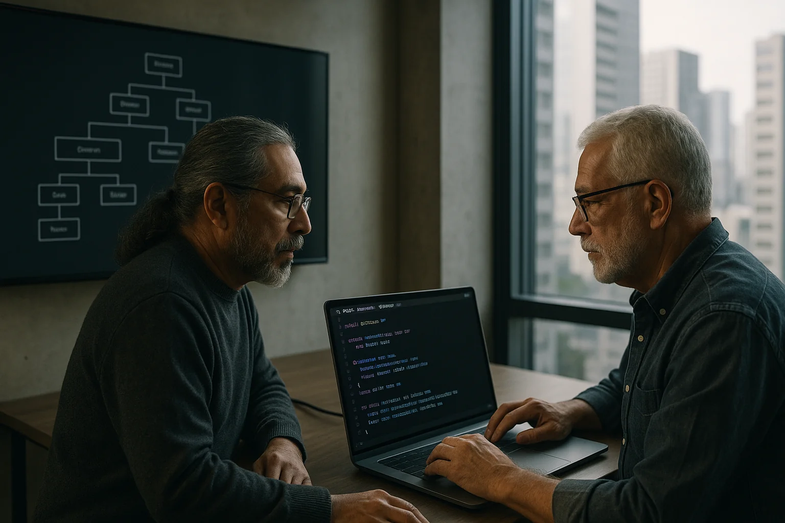 Two senior backend engineers in a São Paulo office reviewing typed Elixir code and BEAM process diagrams on a laptop and wall monitor.
