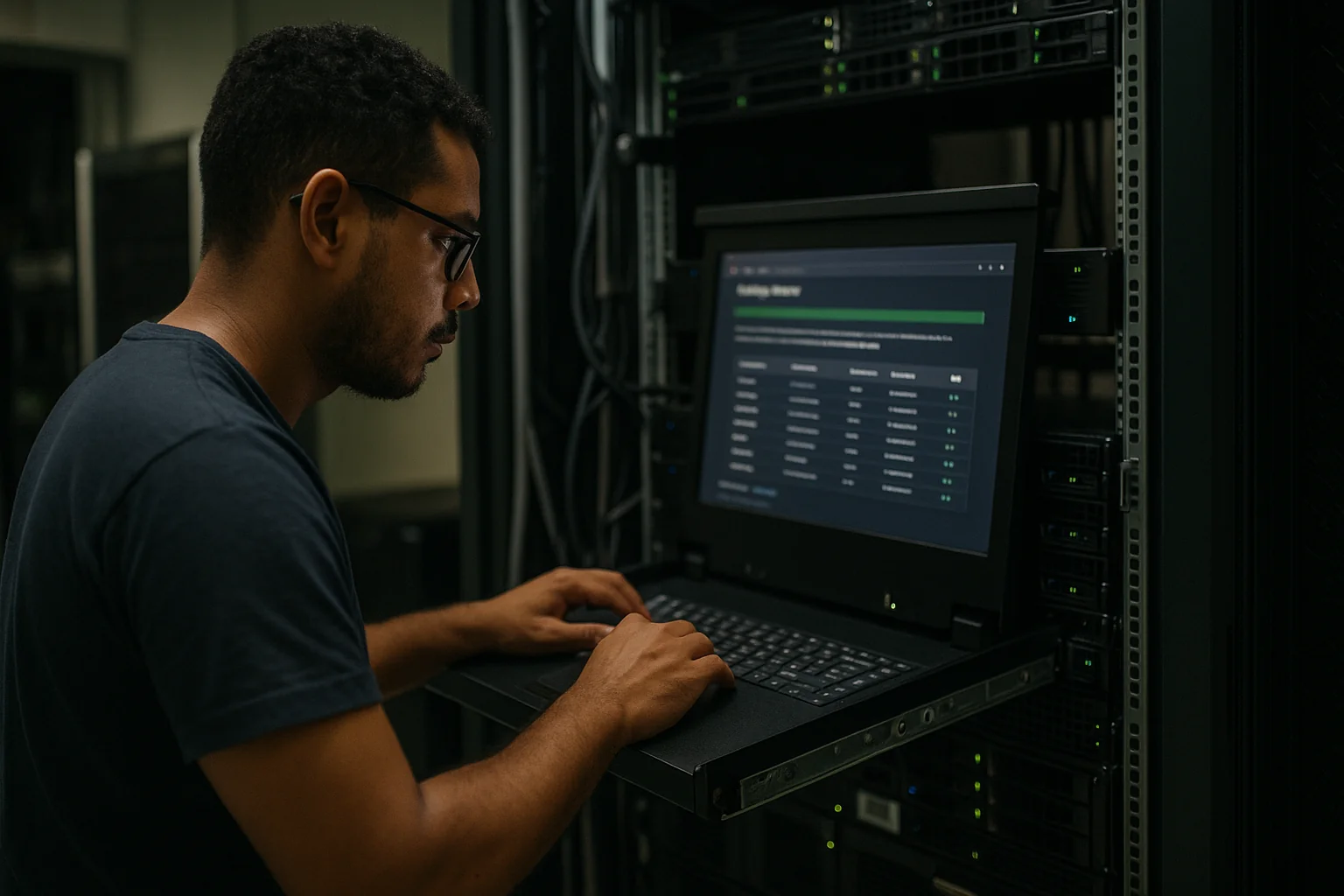 DevOps engineer in a São Paulo server room setting up a local package mirror on a rack-mounted server