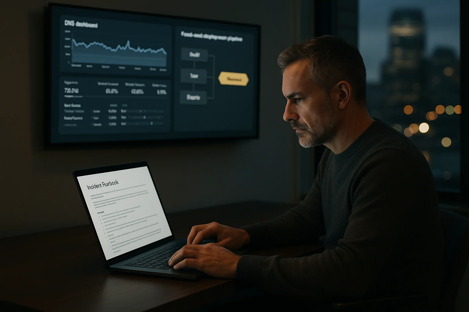 CTO reviewing an incident response runbook with DNS and deployment dashboards paused on a wall screen in a modern office at dusk.
