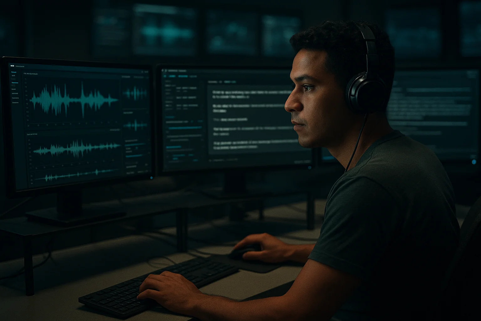 Engineer in São Paulo monitoring real-time voice AI dashboards with audio waveforms and transcripts on multiple monitors in a dark operations room.