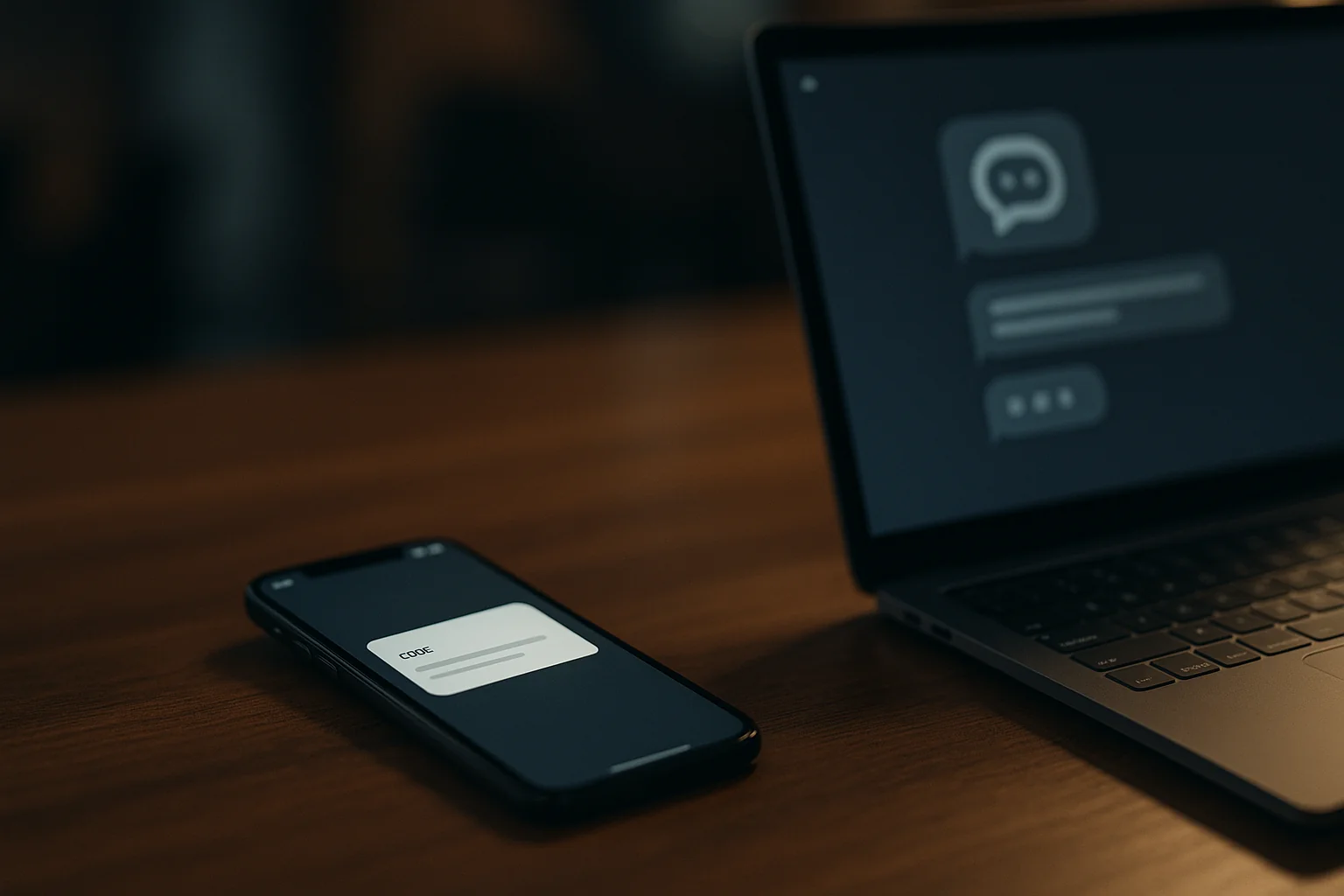Smartphone receiving a generic code notification beside a laptop with an AI chat interface, suggesting the risk of assistants automating SMS.