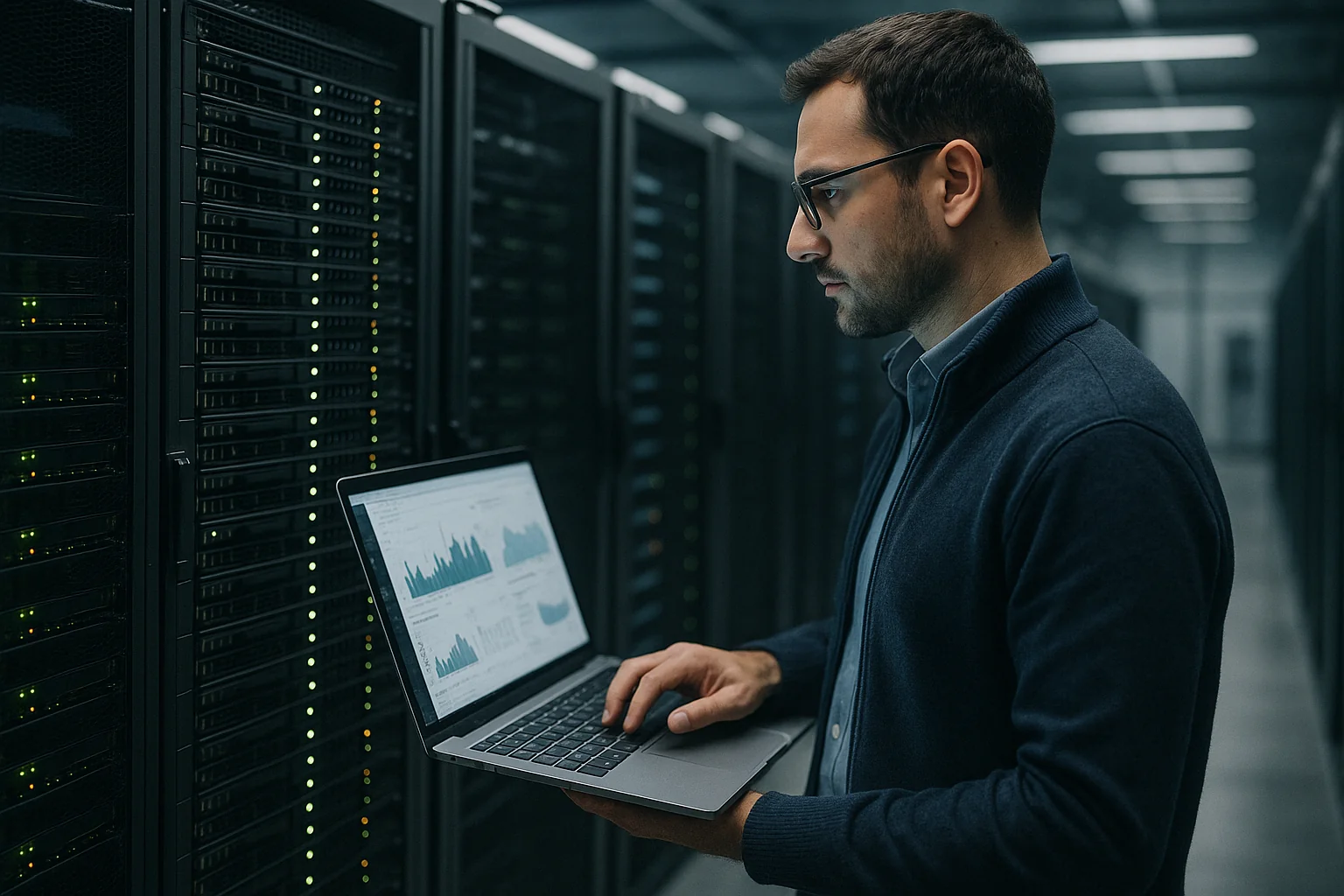Engineer in a São Paulo data center checking performance graphs while inspecting a rack of CPU servers.