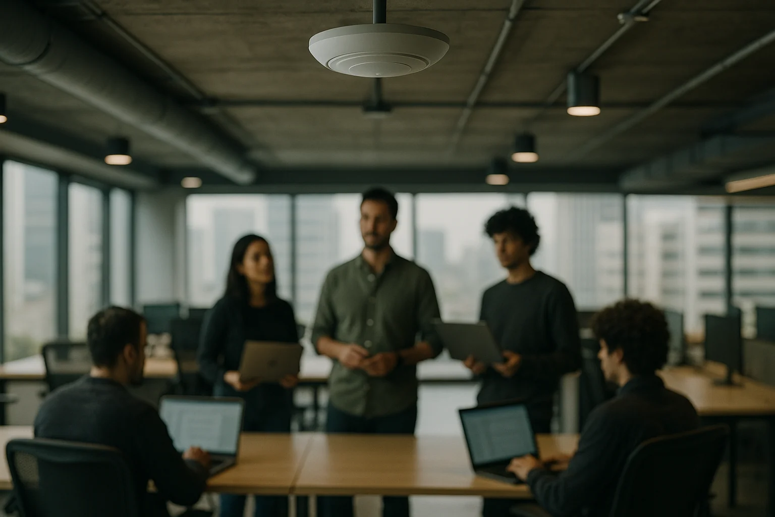 Engineers in an open-plan office working under ceiling-mounted enterprise Wi‑Fi access points during a team standup.