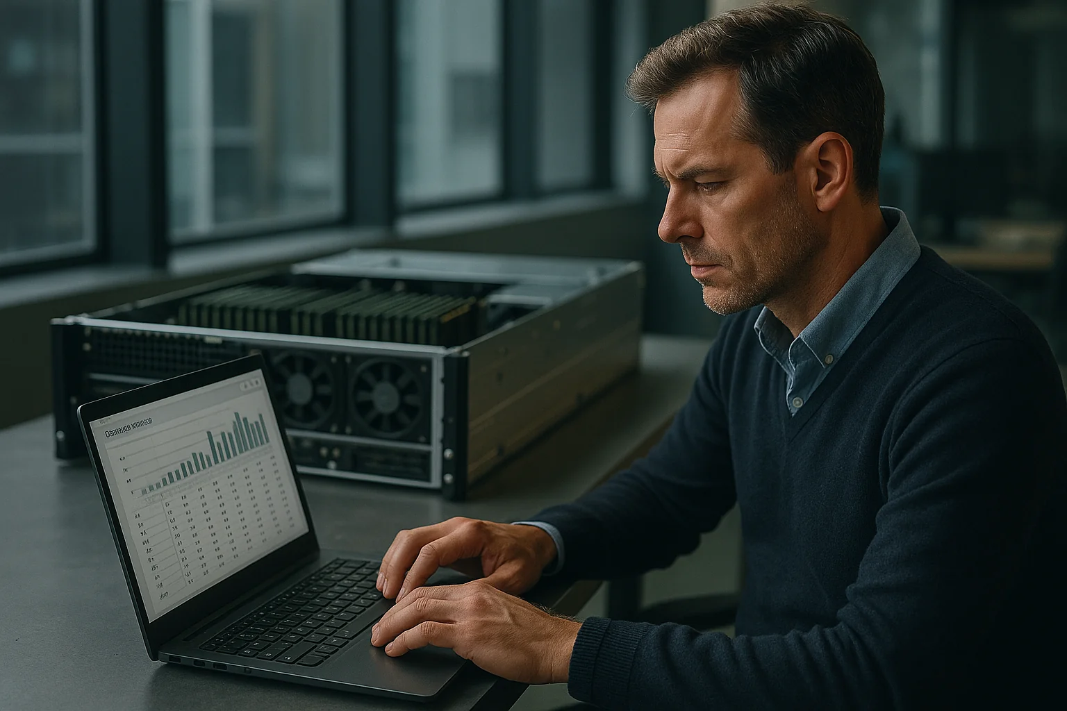 CTO reviewing AI capacity planning on a laptop with an open GPU server exposing memory modules in the background.