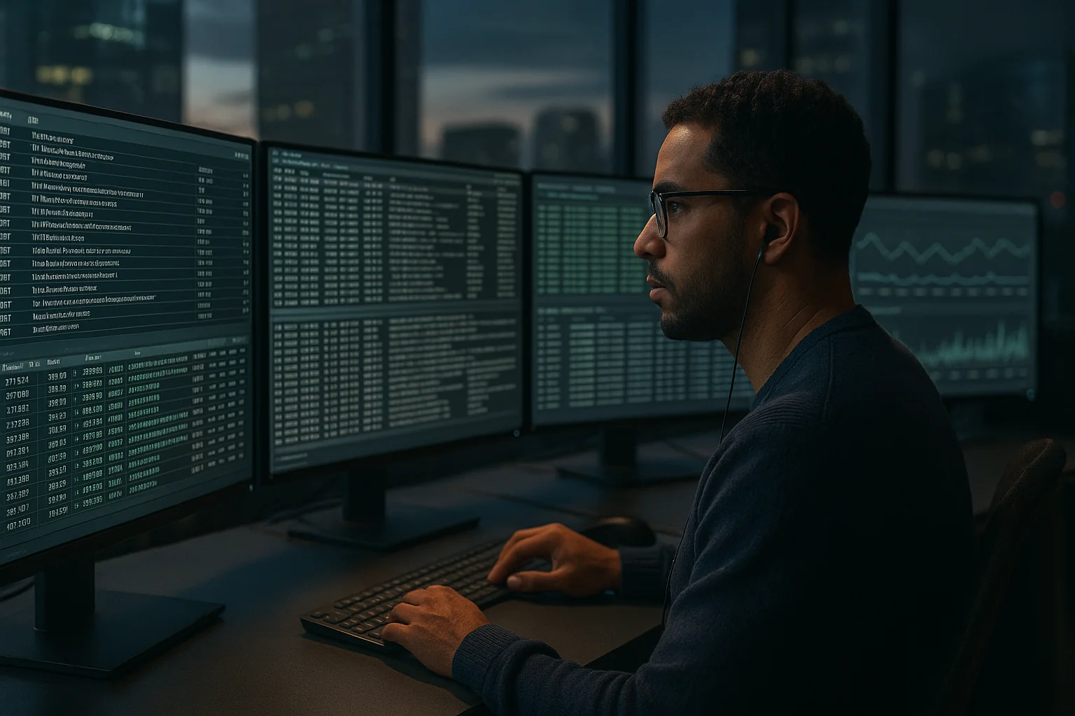 Security engineer reviewing AI API traffic dashboards and packet captures on multiple monitors in a São Paulo operations center.