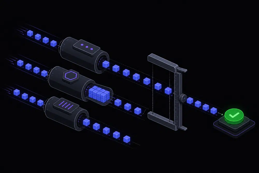 Flat isometric illustration of indigo data packets streaming through proxy pipes, one pipe bunching them together, with a measuring caliper around the flow and a single green verified node.
