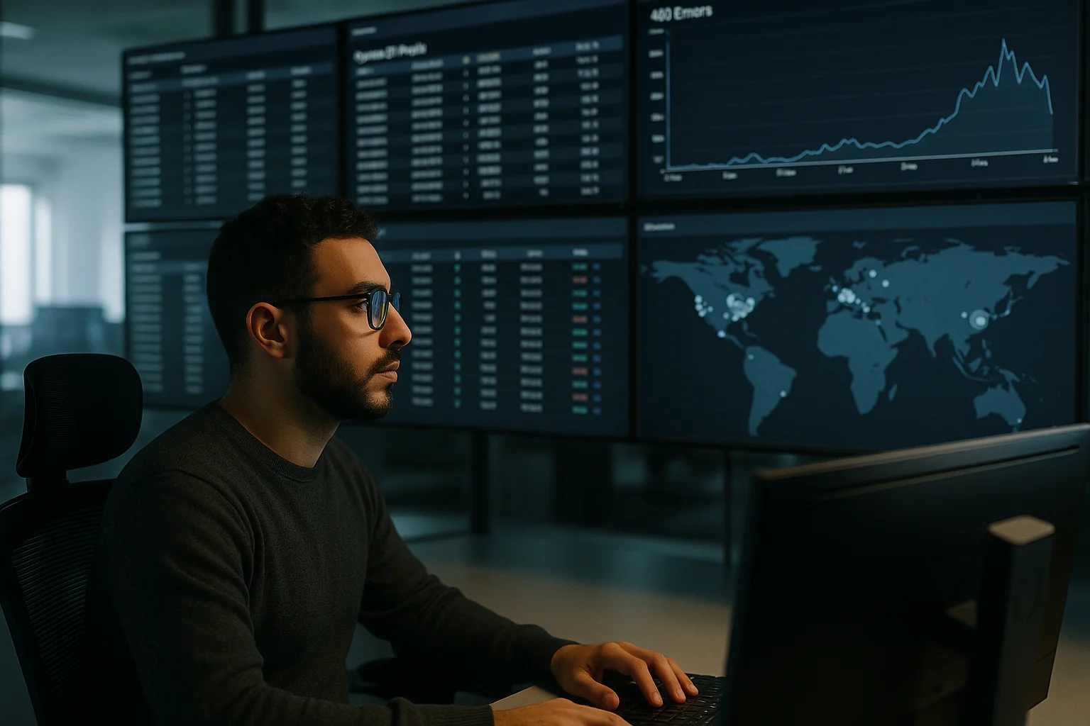Engineer in a São Paulo operations center reviewing dashboards with egress IP pools and 403 error spikes on large wall monitors.