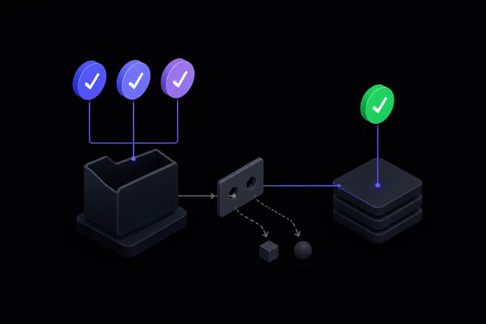 Flat isometric dark illustration of three indigo check marks above one shared folder while two shapes are filtered out of view, with a green node linked to a second independent stack by a glowing line.