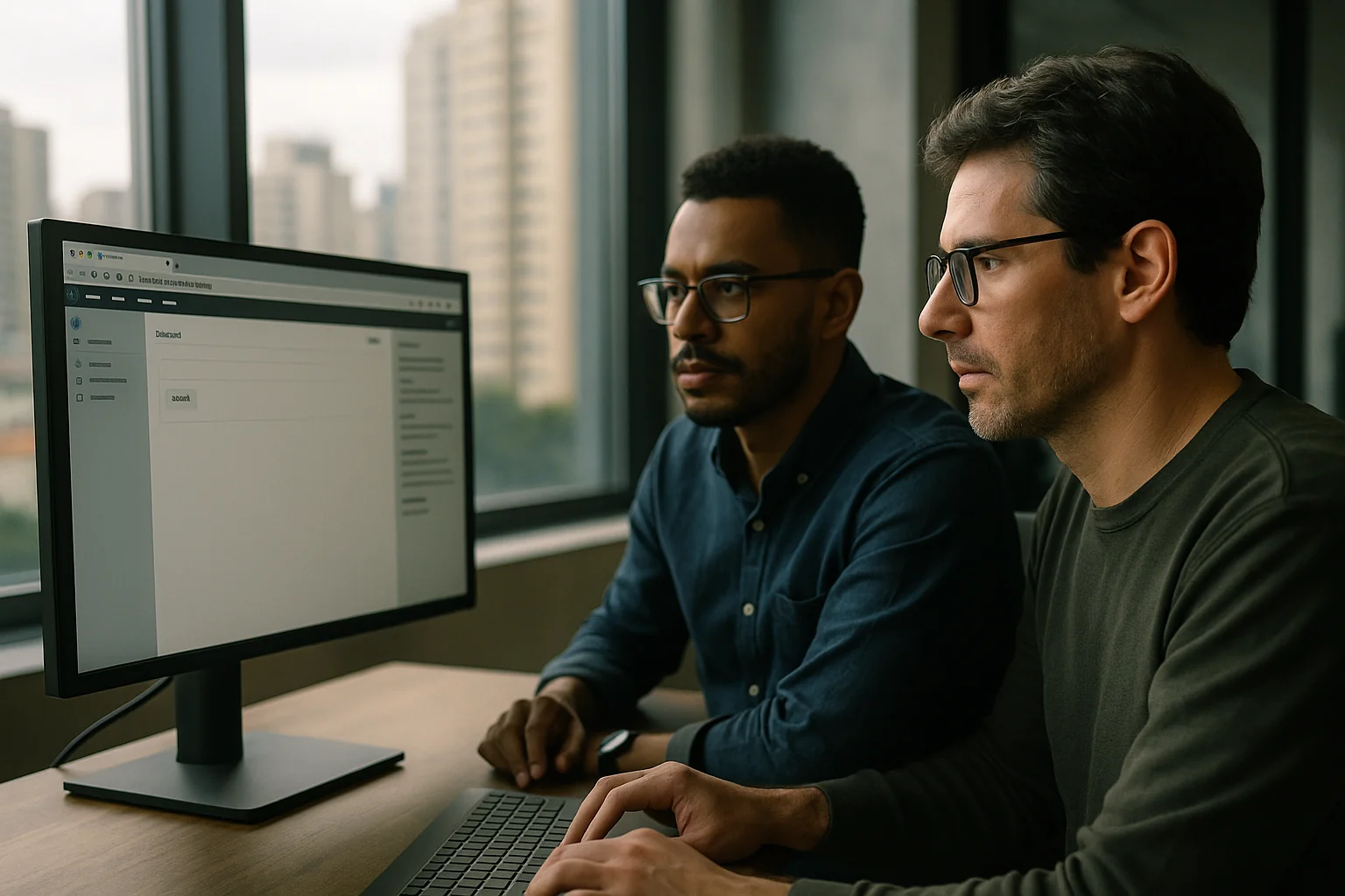Two engineers in a modern office analyzing a web app on a large monitor with a browser window and side panel visible.