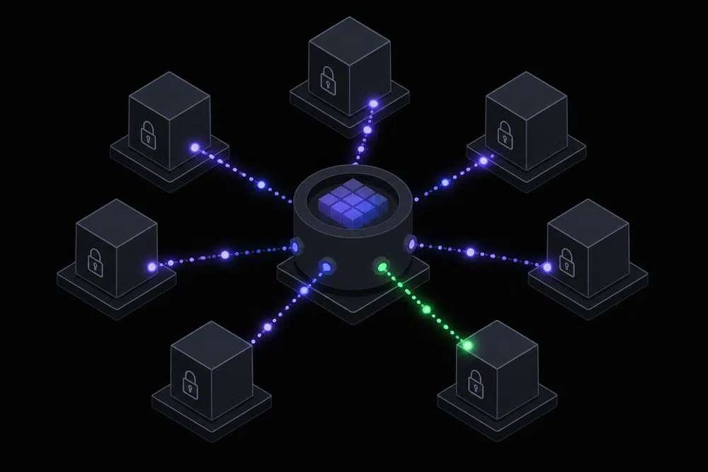 Flat isometric illustration of isolated sandbox cubes linked through a shared central package cache, with indigo and violet signal paths and one green node.