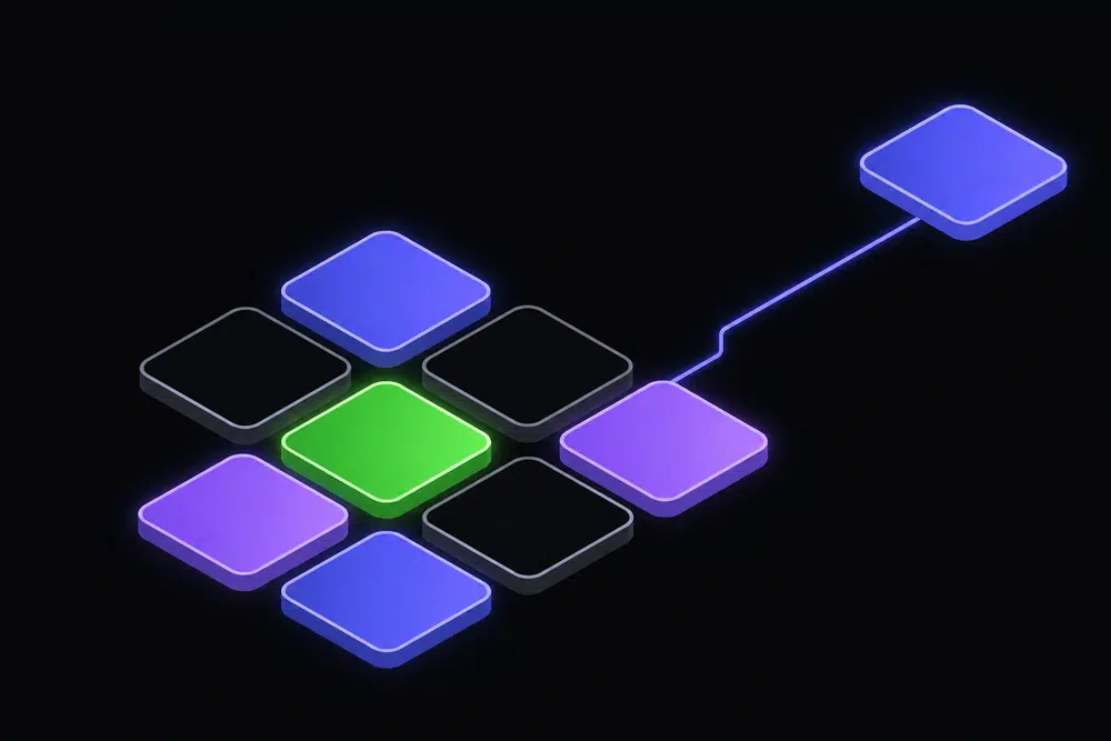 Flat isometric illustration of a grid of blank test tiles in gray, indigo and violet on a near-black background, with one green tile marking the only pass and a lone detached tile linked by a thin indigo line.