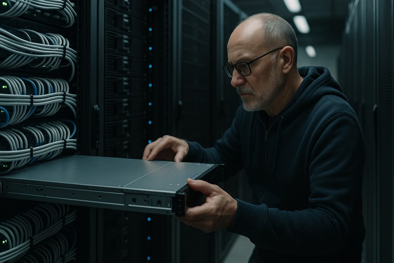 Senior SRE installing a 1U server in a well-organized data center aisle with neatly routed cables.