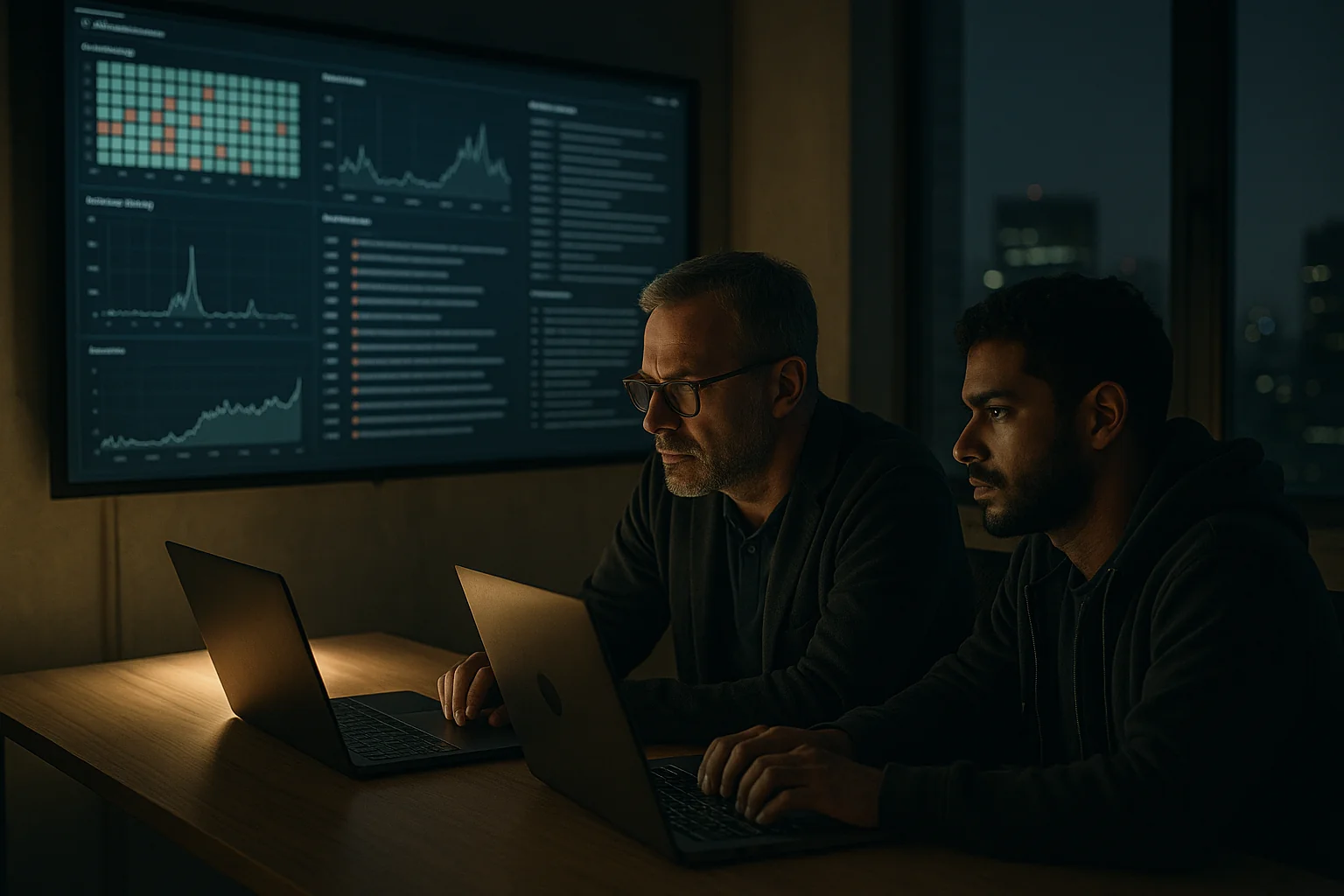 CTO and security engineer reviewing incident dashboards and logs in a nighttime war room with laptops and monitors